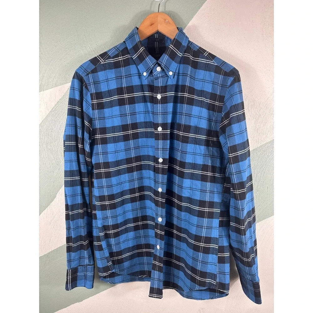 J.Crew Men's Medium Blue Plaid Cotton Button Down‎ Oxford Long Sleeve Shirt